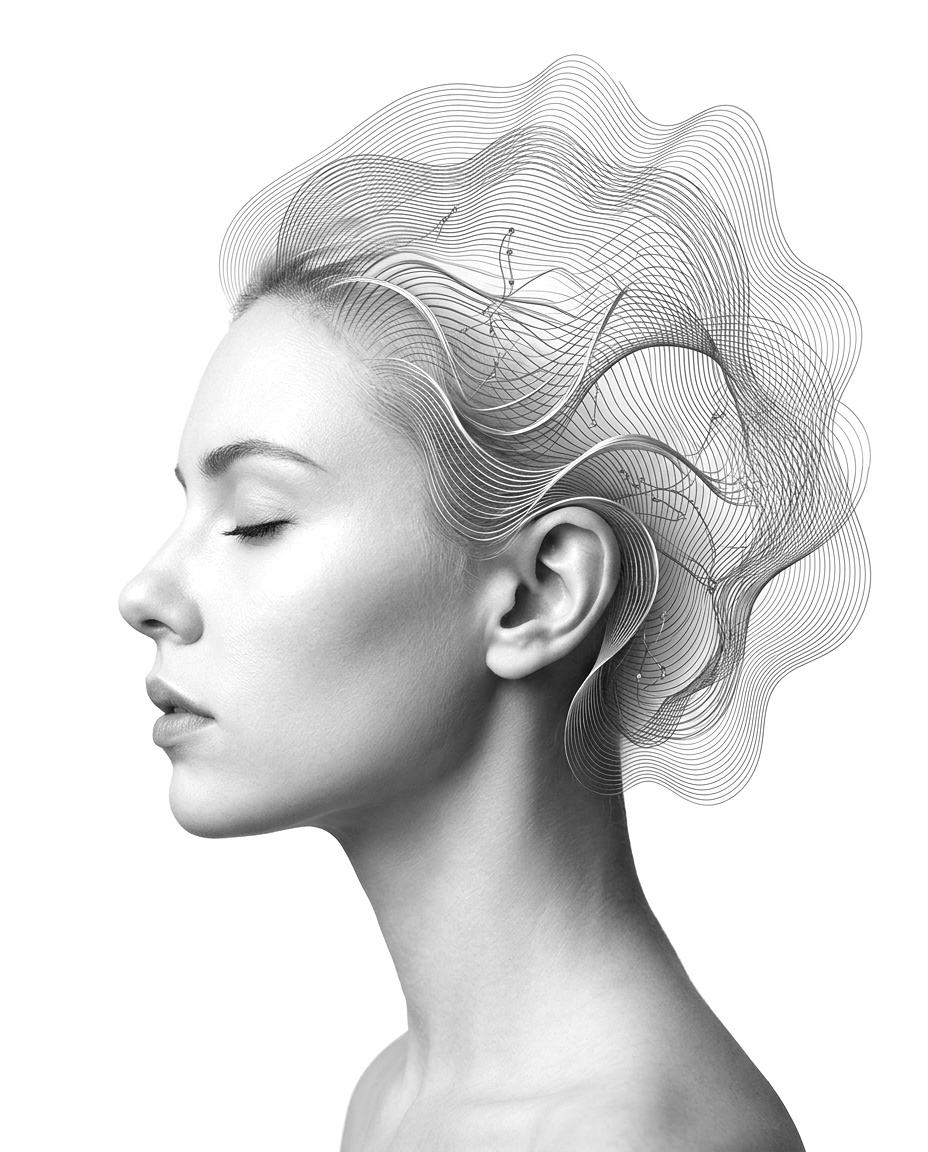Monochrome portrait with layered technological thought waves flowing from the head